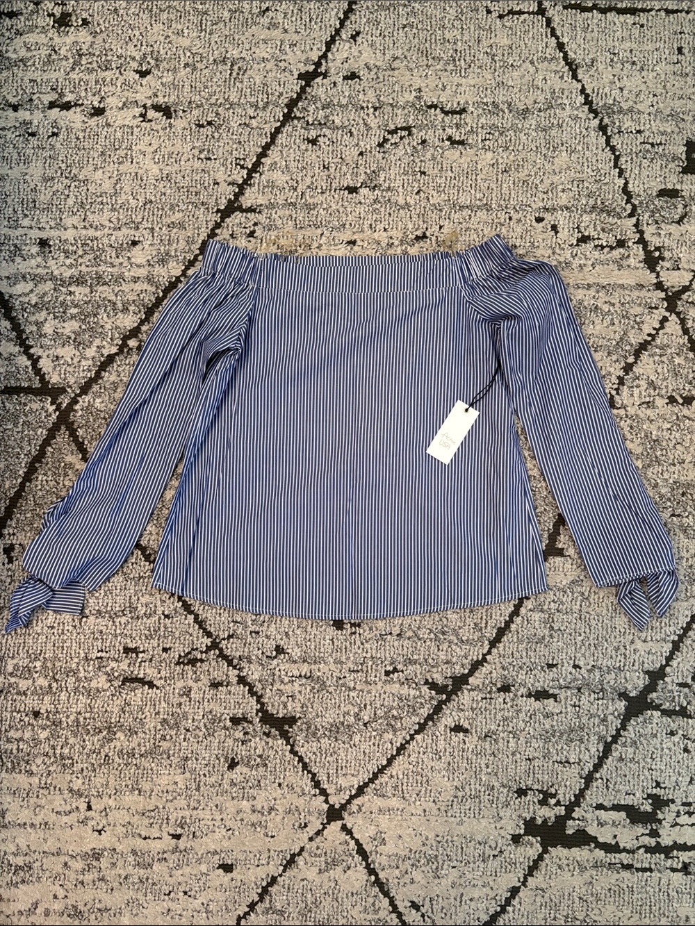 NWT Striped Off-Shoulder Long-Sleeve Top in Blue and White